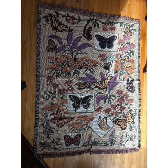 Country Classics Butterfly Floral Tapestry Throw Blanket Fringe Made In USA NWT - Picture 3 of 5